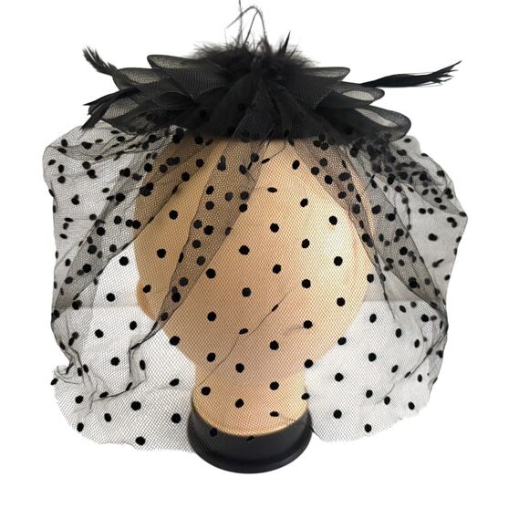 Black Feather Polka Dot Fascinator Hat w/ Faux Pearl Bow Horse Race Whimsygoth main image 6